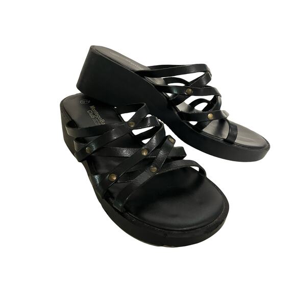 Y2K Montego Bay Club Sandal 9.5 Black Leather Strappy Chunky VTG Wedge Platform - Picture 1 of 7